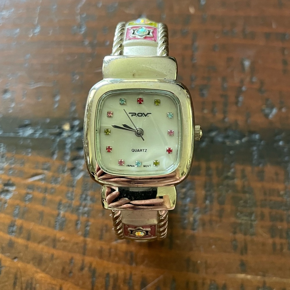 Vintage P.O.V. Quartz Hinged bracelet watch silver hardware birth stone dial ~